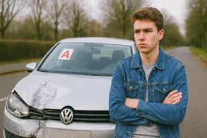 Ein Fahranfänger steht unglücklich vor seinem Fahrzeug, das einen Unfallschaden hat.