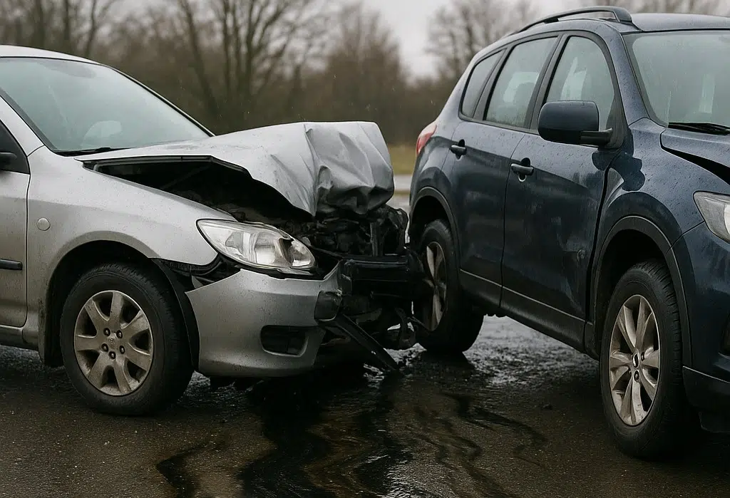 Zwei Autos, die in einem Autounfall miteinander kollidiert sind. Auf dem Boden ist eine Ölspur zu sehen