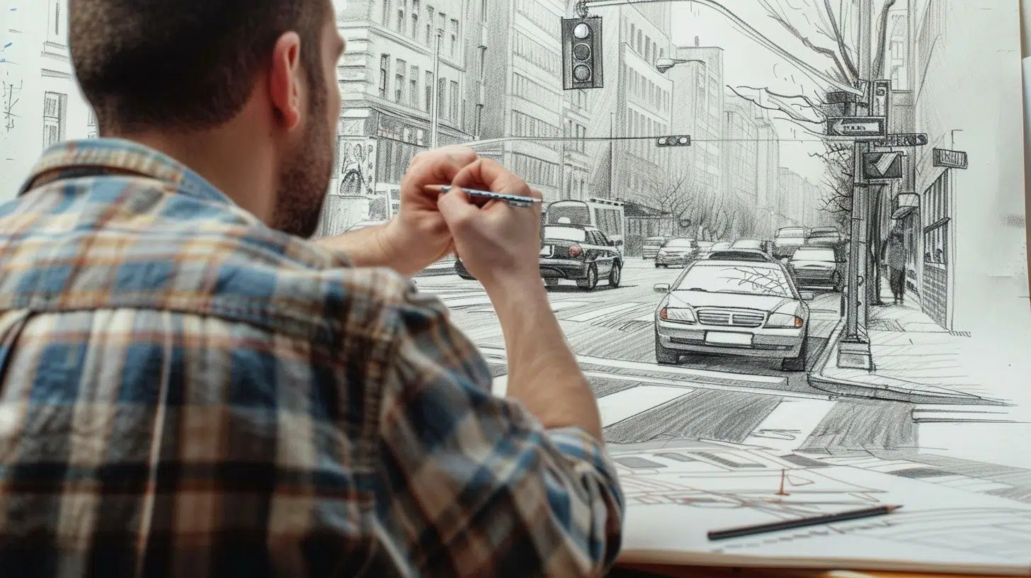 Mann erstellt detaillierte Skizze eines Fahrzeugs