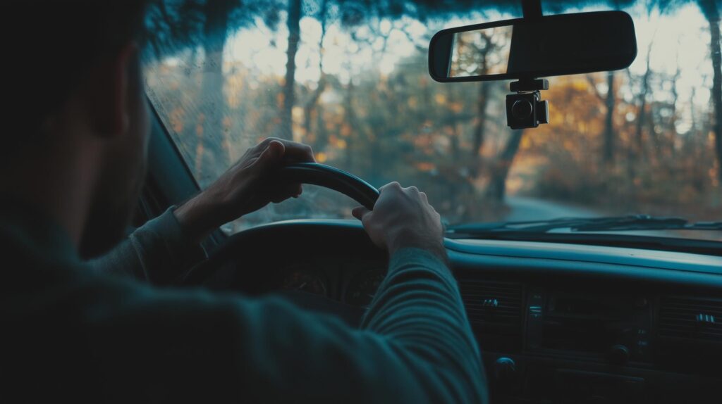 Mann am Steuer eines Autos, Dashcam am Spiegel befestigt