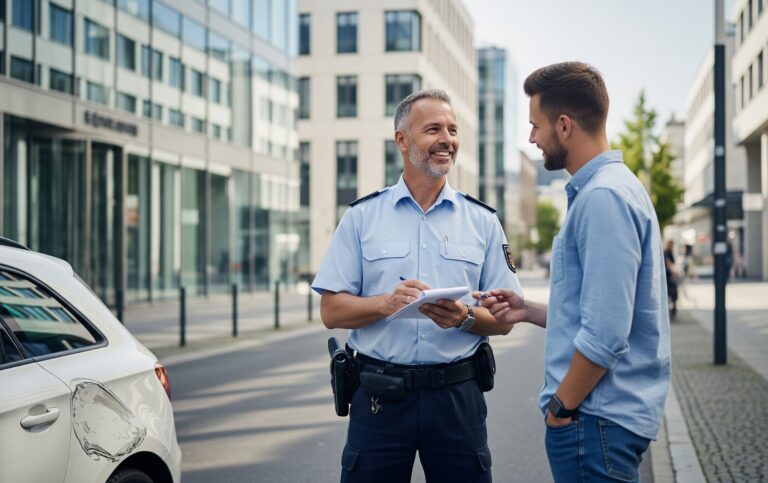 Ein freundlicher Polizist, der einen Zeugen eines Autounfalls in einer deutschen Innenstadt befragt