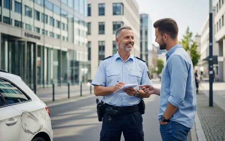 Freundlicher Polizist im Gespräch mit jungem Mann neben beschädigtem weißen Auto in der Stadt – Symbolbild Unfall und Polizei
