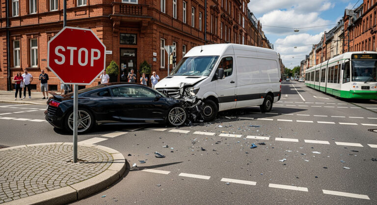 Schwarzer Sportwagen kollidiert mit weißem Transporter direkt am Stoppschild einer Kreuzung, Straßenbahn im Hintergrund