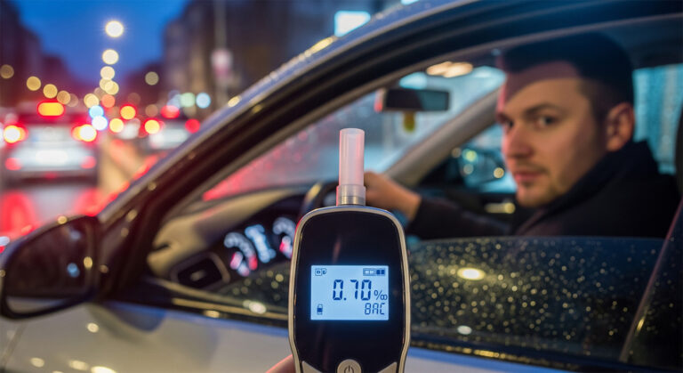 Atemalkoholtester zeigt 0,70 Promille, im Hintergrund sitzt der Fahrer am Steuer bei Nacht – Symbolbild Unfall mit Alkohol