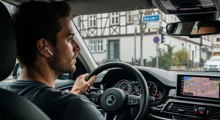 Mann fährt mit drahtlosem In-Ear-Kopfhörer und blickt abgelenkt zur Seite – Symbolbild Ablenkung beim Autofahren