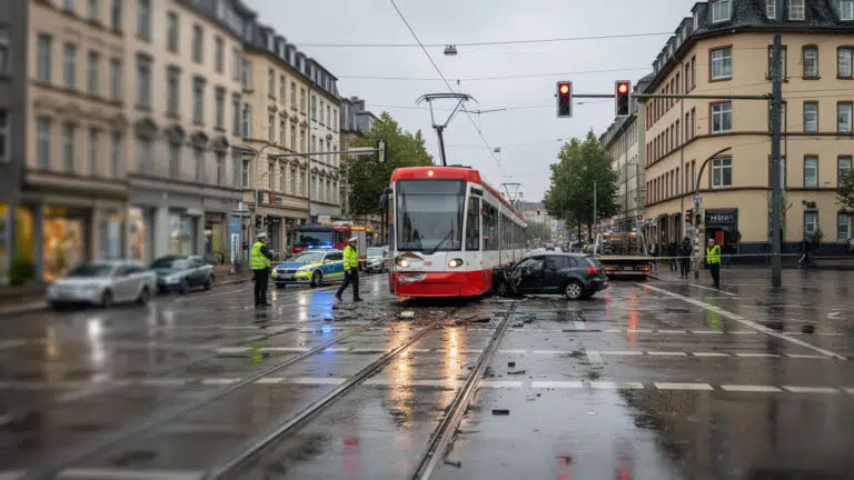 Rot-weiße Straßenbahn nach Kollision mit dunklem Pkw an regennasser Innenstadtkreuzung, Polizei sichert die Stelle