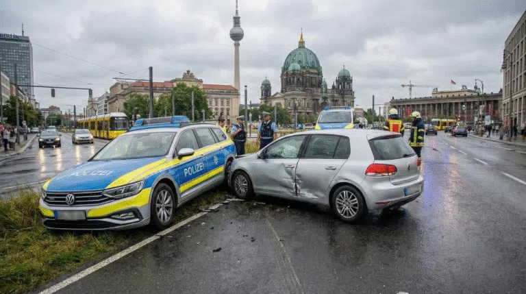 KI-generierte Illustration eines Unfalls zwischen Polizeiwagen und PKW vor der Kulisse des Berliner Doms und Fernsehturms