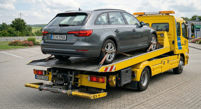 Grauer Audi wird auf einen gelben Abschleppwagen verladen und festgezurrt, Symbolbild für Abschleppkosten nach einem Unfall