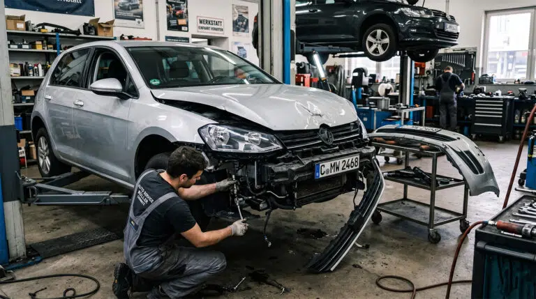 Mechaniker repariert die beschädigte Front eines silbernen VW Golf in der Werkstatt, Symbolbild für Reparaturkosten nach einem Unfall