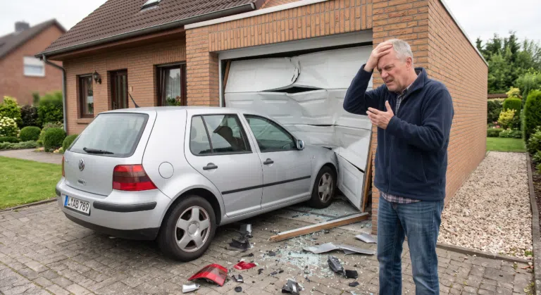 Genervter Mann steht neben seinem zerstörten Garagentor. Ein Auto ist hineingefahren