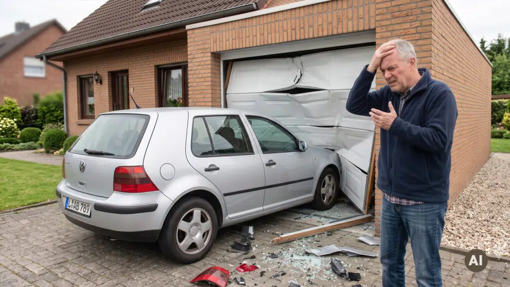 Genervter Mann steht neben seinem zerstörten Garagentor. Ein Auto ist hineingefahren