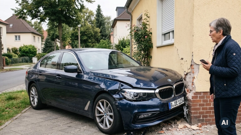 Auto ist in Hauswand gefahren. Schaden an Auto und Hauswand