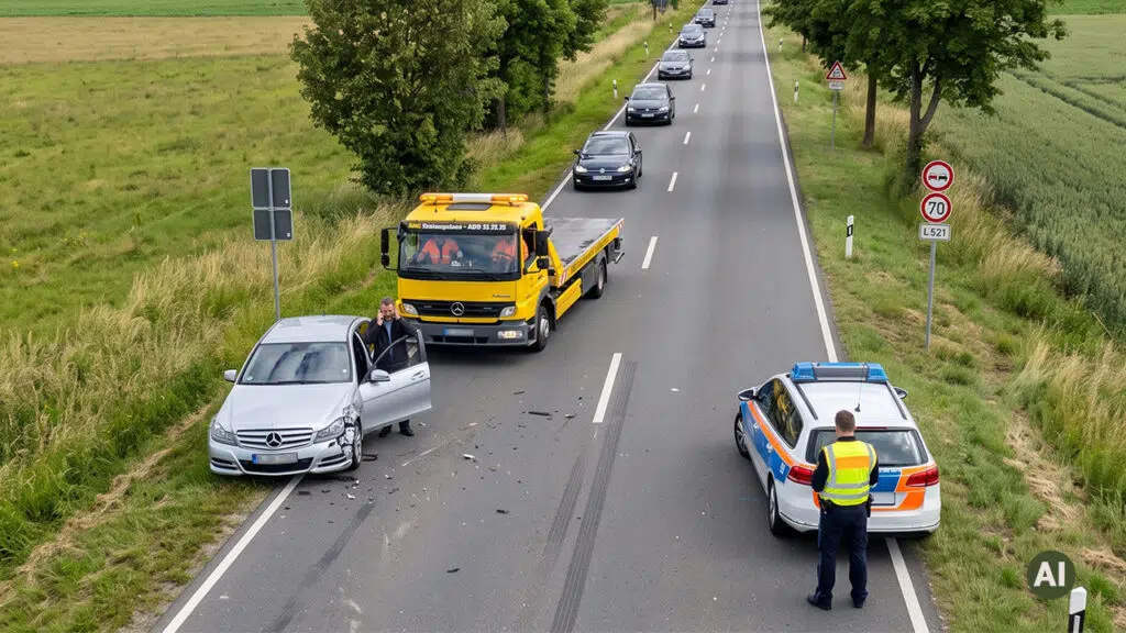 Unfall auf Landstraße - Mit Abschleppdienst, Polizei und telefonierendem Unfallgeschädigten.