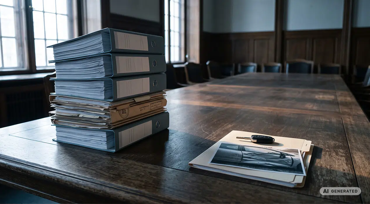 Konferenztisch in einem Amtszimmer: links ein hoher Stapel Aktenordner, rechts eine dünne Mappe mit Autoschlüssel und Foto eines Blechschadens.